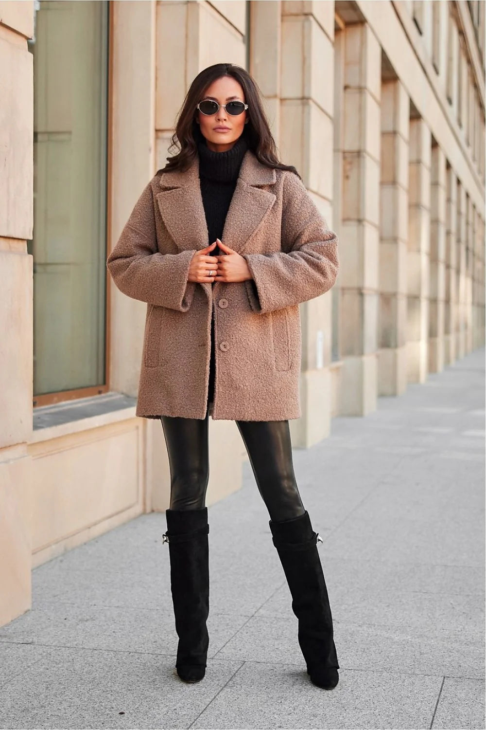 Manteau en laine bouclée brun clair style élégant coupe droite col à revers large femme automne hiver veste mode