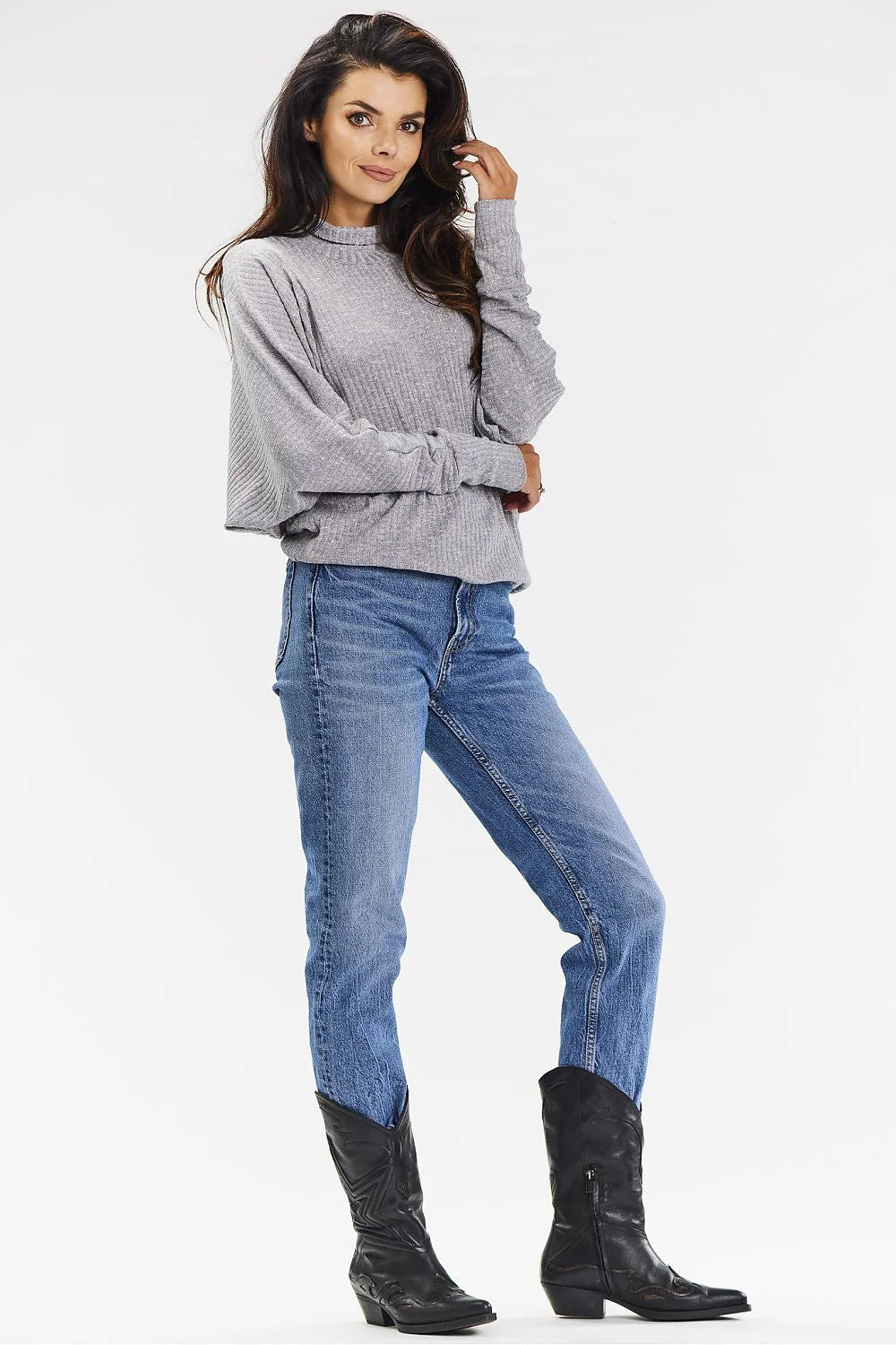 Pull femme col roulé maille côtelée gris chiné manches kimono ample style décontracté automne hiver