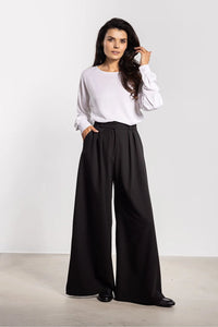 pantalon femme palazzo noir taille haute jambe extra large longueur pleine plis marqués devant poches latérales tissu fluide tombé structuré