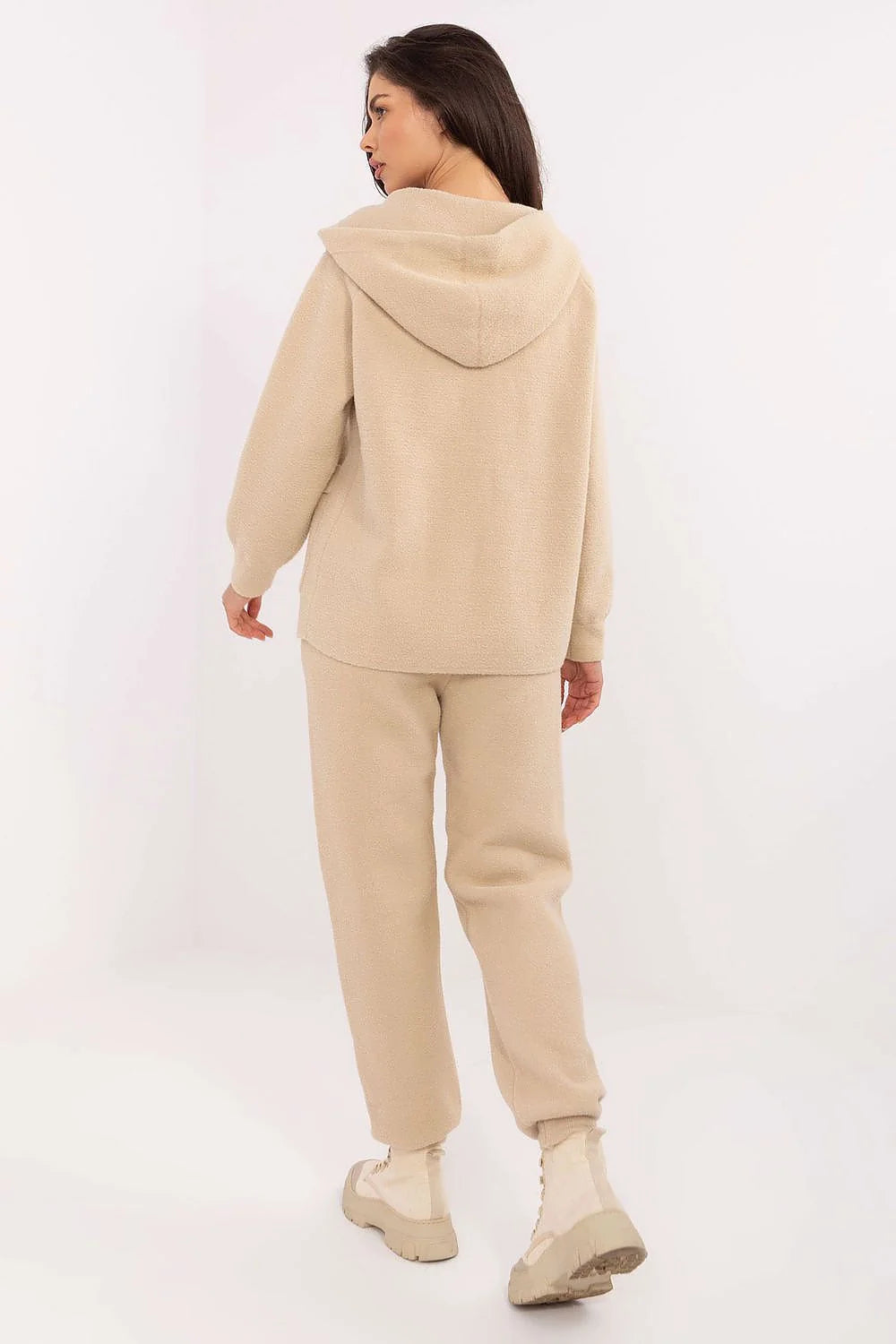 ensemble loungewear femme pièces hoodie zippé capuche poches plaquées jogger taille haute ceinture nouer bas resserré teddy sherpa beige crème