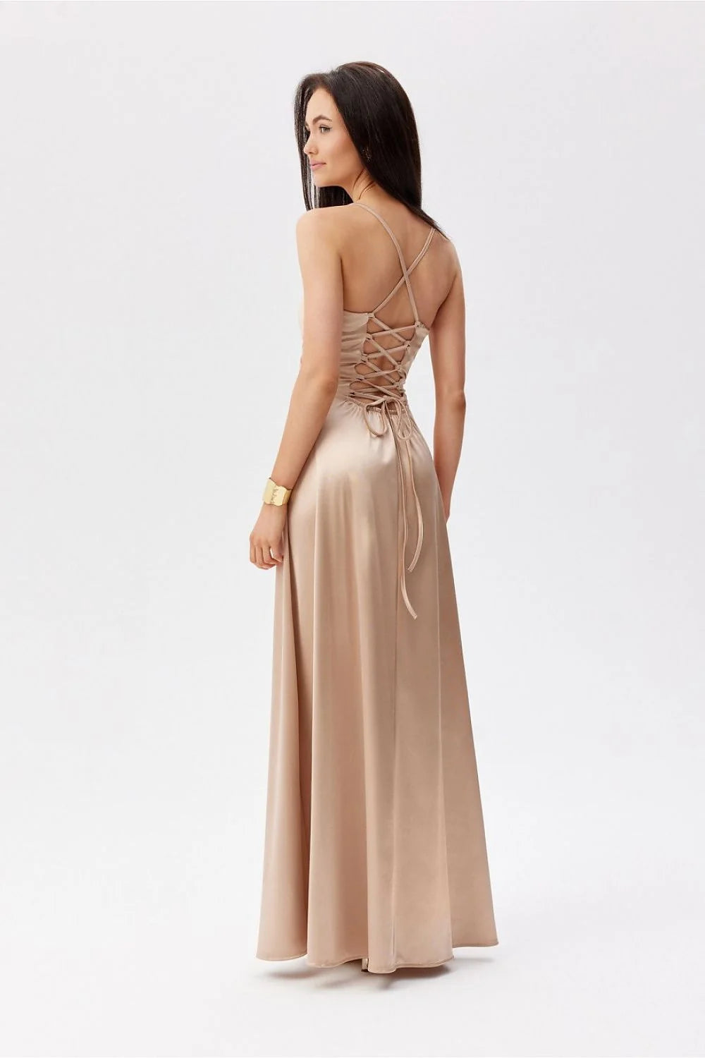 Robe longue élégante beige champagne soyeuse V-neck drapé dos nu sans coutures femmes robes longues occasion spéciale
