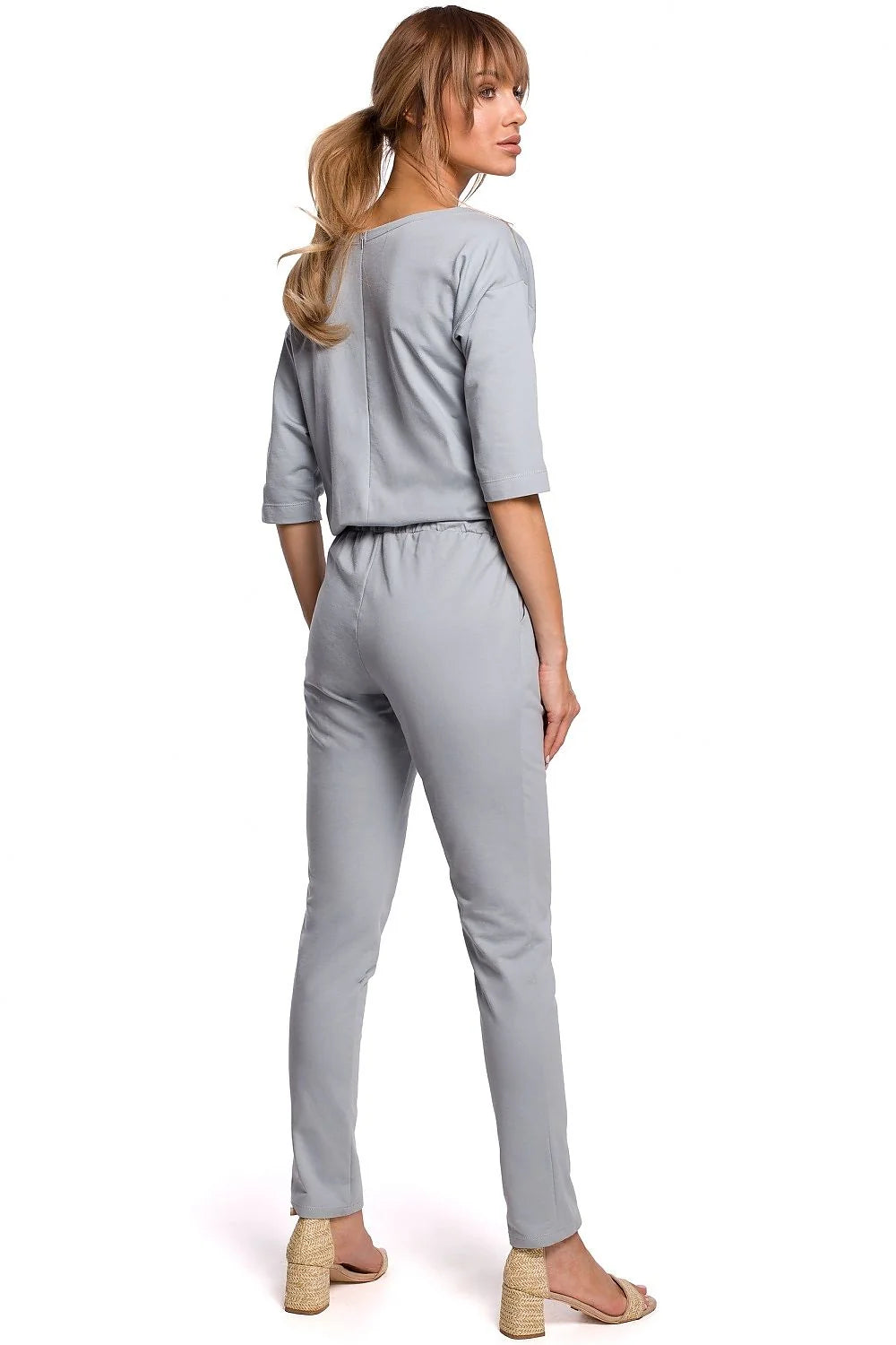 combinaison femme coton jersey gris clair décontractée chic élégante taille élastique manches trois quart épaule asymétrique poches latérales