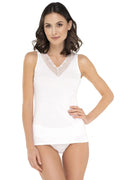 Débardeur Femme Élégant en Coton Blanc Dentelle Col V Ajusté Confort Quotidien Style Basique