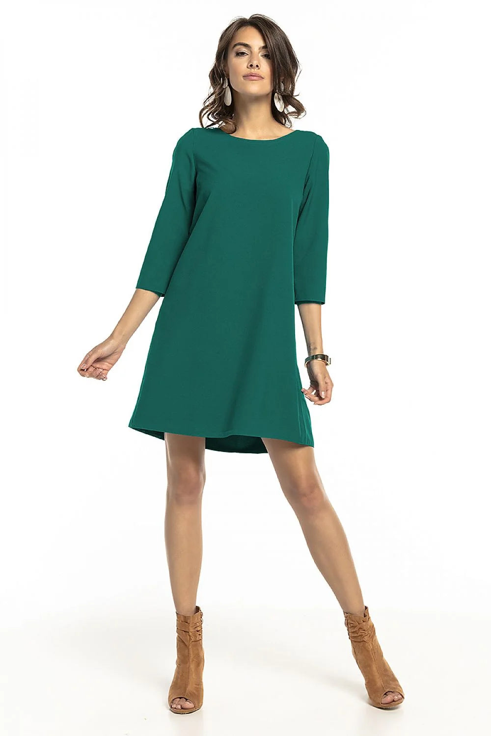 Robe fluide polyester chic vert émeraude manches trois-quarts élégante décontractée pour femmes modernes et tendances