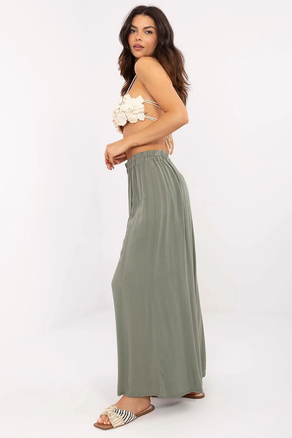 Pantalon femme style bohème chic en viscose large vert kaki taille haute ceinture élastique été confortable tendance