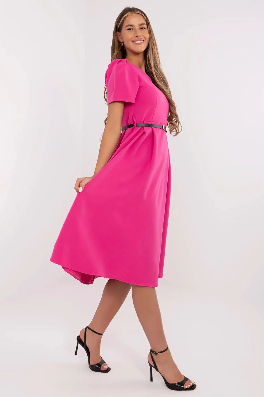 Robe de jour élégante Italie Mode femme coupe évasée manches courtes couleur rouge vif ceinture noire taille ajustable polyester élasthanne