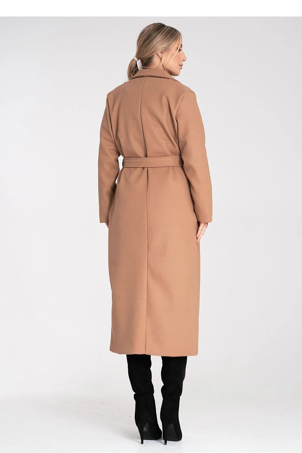 manteau long femme ceinturé camel effet laine coupe droite oversize col tailleur revers classique épuré mi mollet poches latérales discrètes