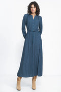Robe de jour élégante longue manches longues style romantique pois bleu foncé taille ajustable femme