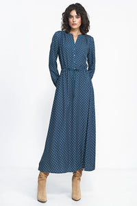 Robe longue viscose polyester bleu foncé pois blancs coupe fluide cintrée col rond ouverture V manches longues ajustées
