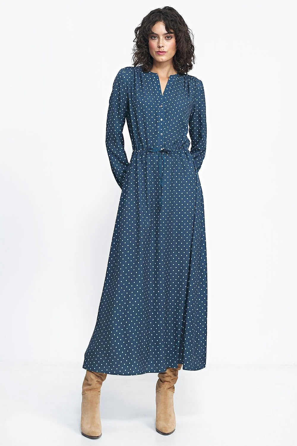 Robe de jour élégante longue manches longues style romantique pois bleu foncé taille ajustable femme
