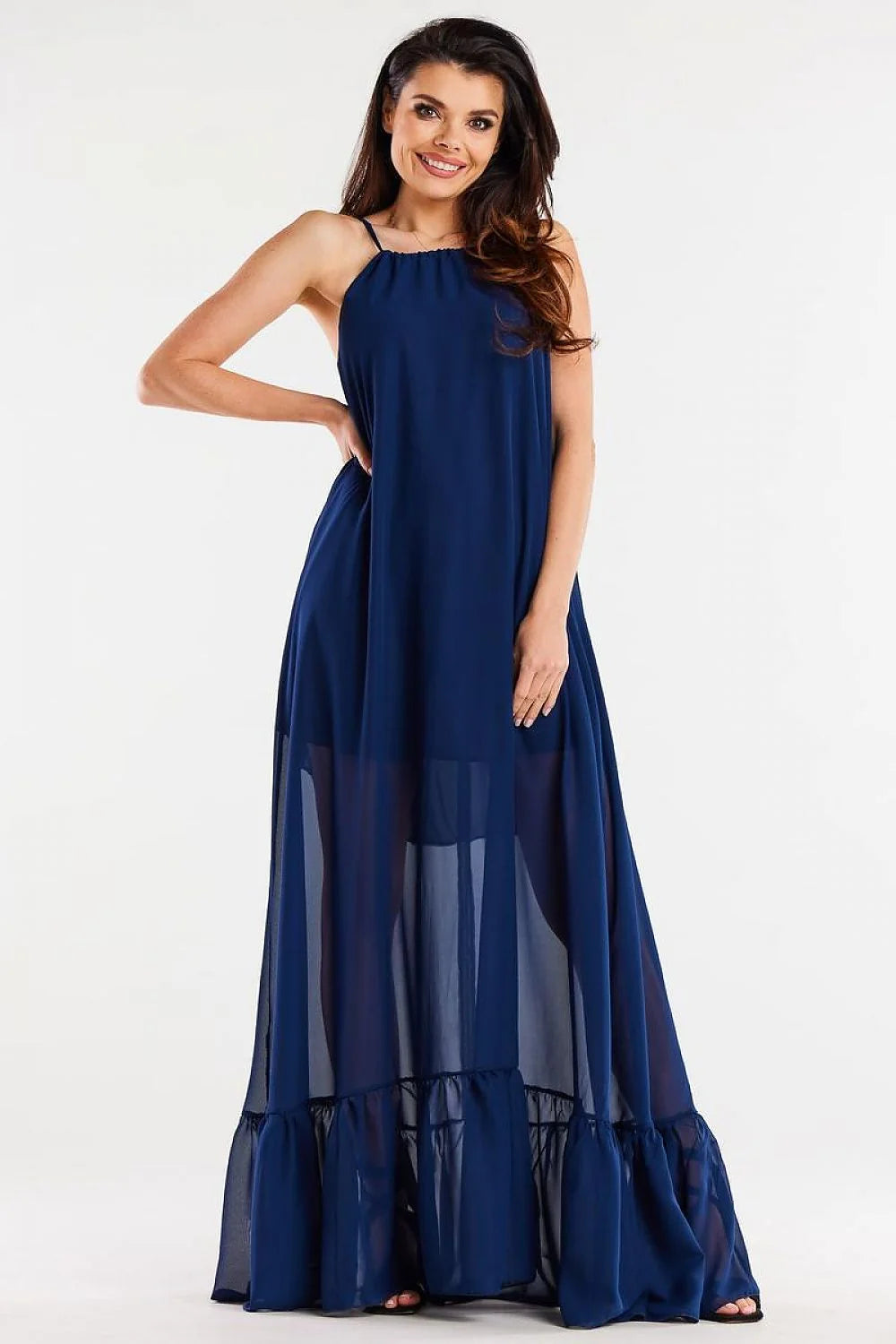 Robe de jour longue ample mousseline de soie manches fines décolleté ras du cou navy occasion décontractée femme