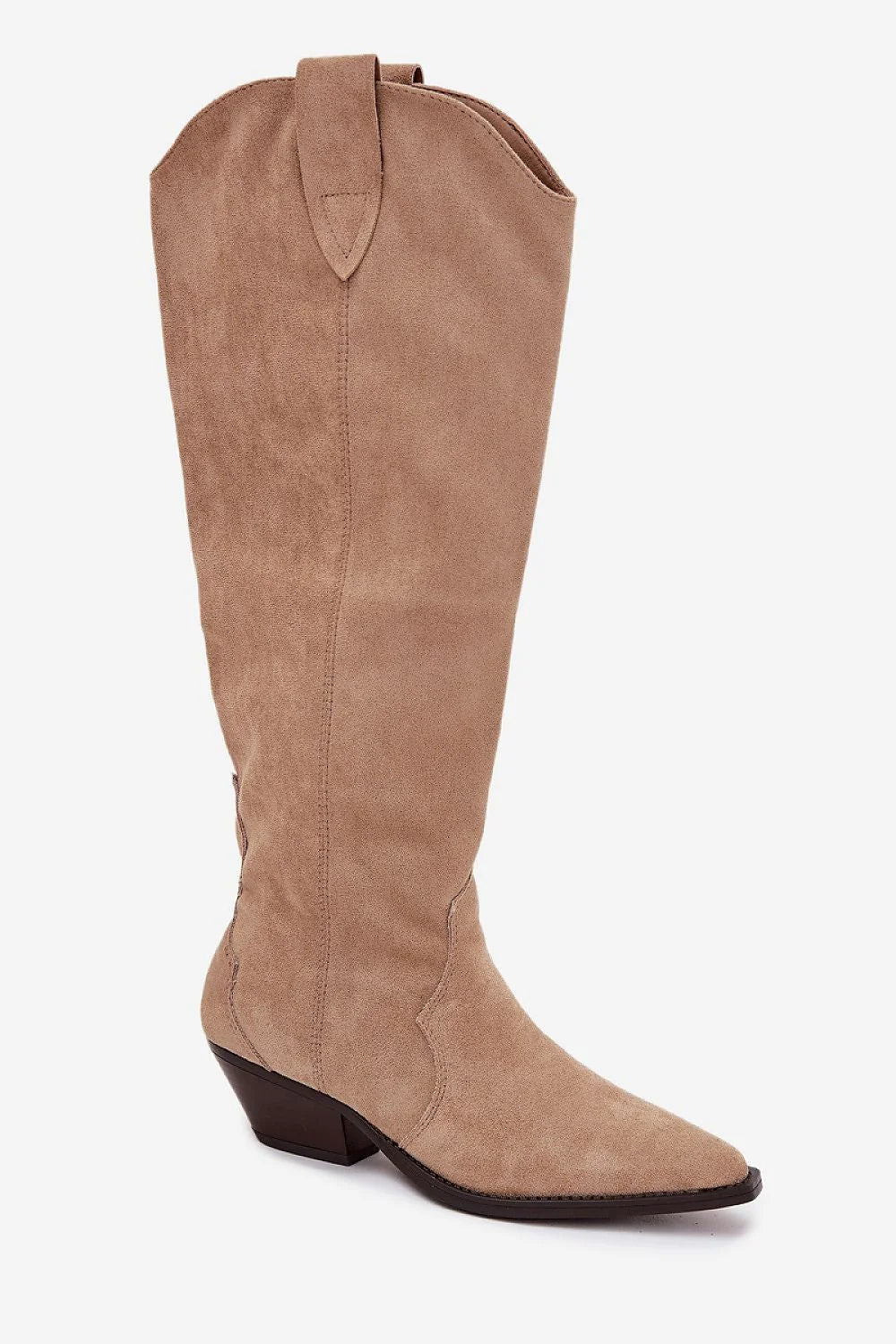 bottes cowgirl femme suédine écologique beige taupe genou bout pointu talon bloc moyen marron zippée doublure fourrure synthétique