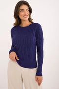 Pull pour femme moderne élégant texture câble torsadé bleu profond col rond manches longues coupe ajustée