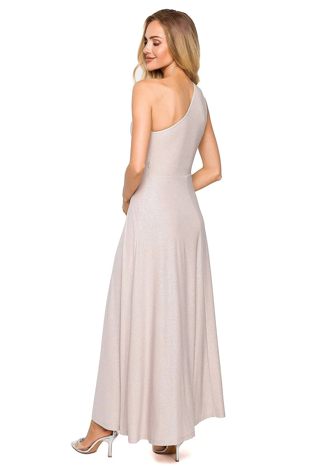 Robe de soirée élégante longue une épaule fente haute vert émeraude tissu scintillant élasthanne polyester femme