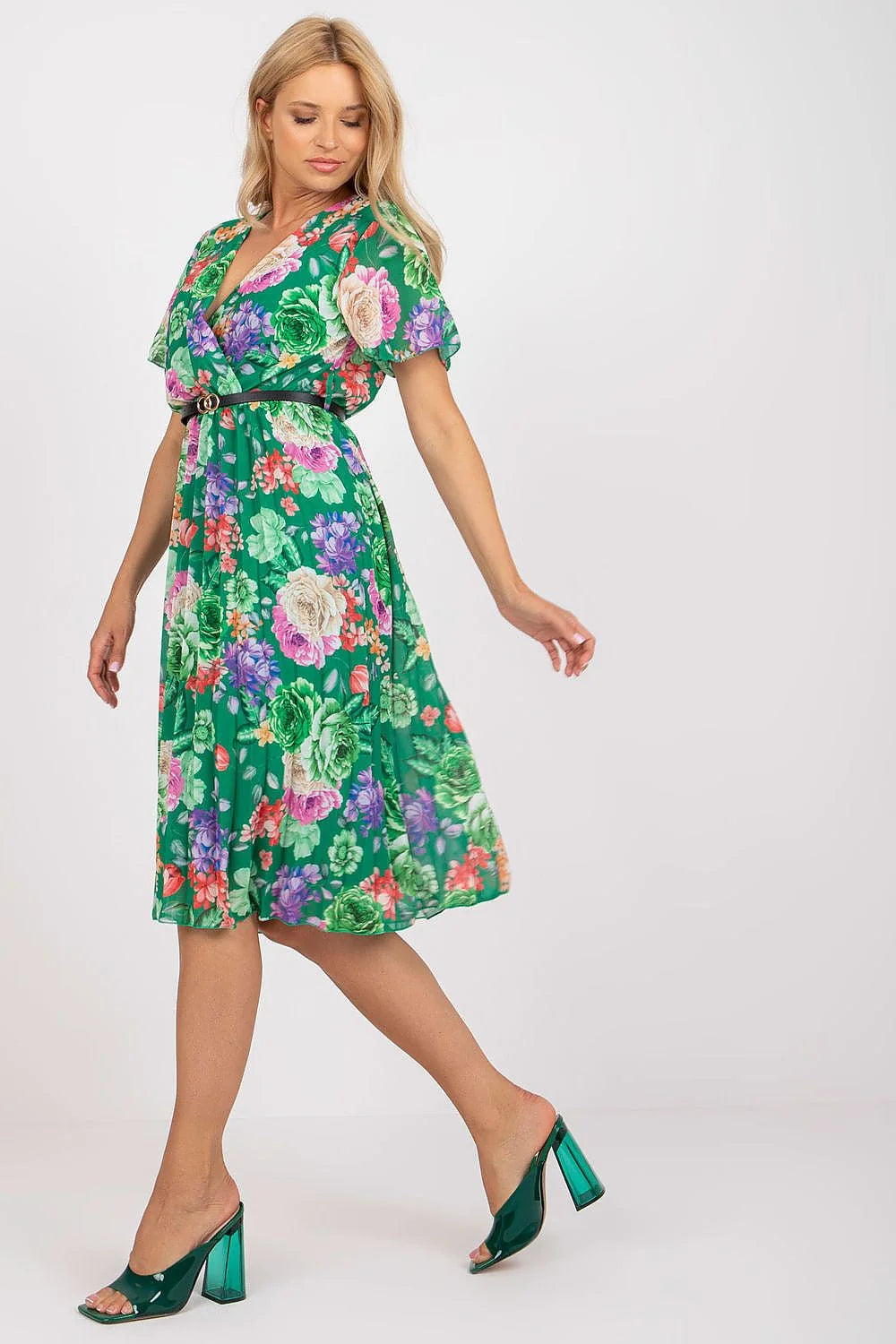 Robe d'été Italy Moda floral midi manches courtes V-neck évasée ceinture noire vert multicolore polyester viscose elasthanne femme printemps été