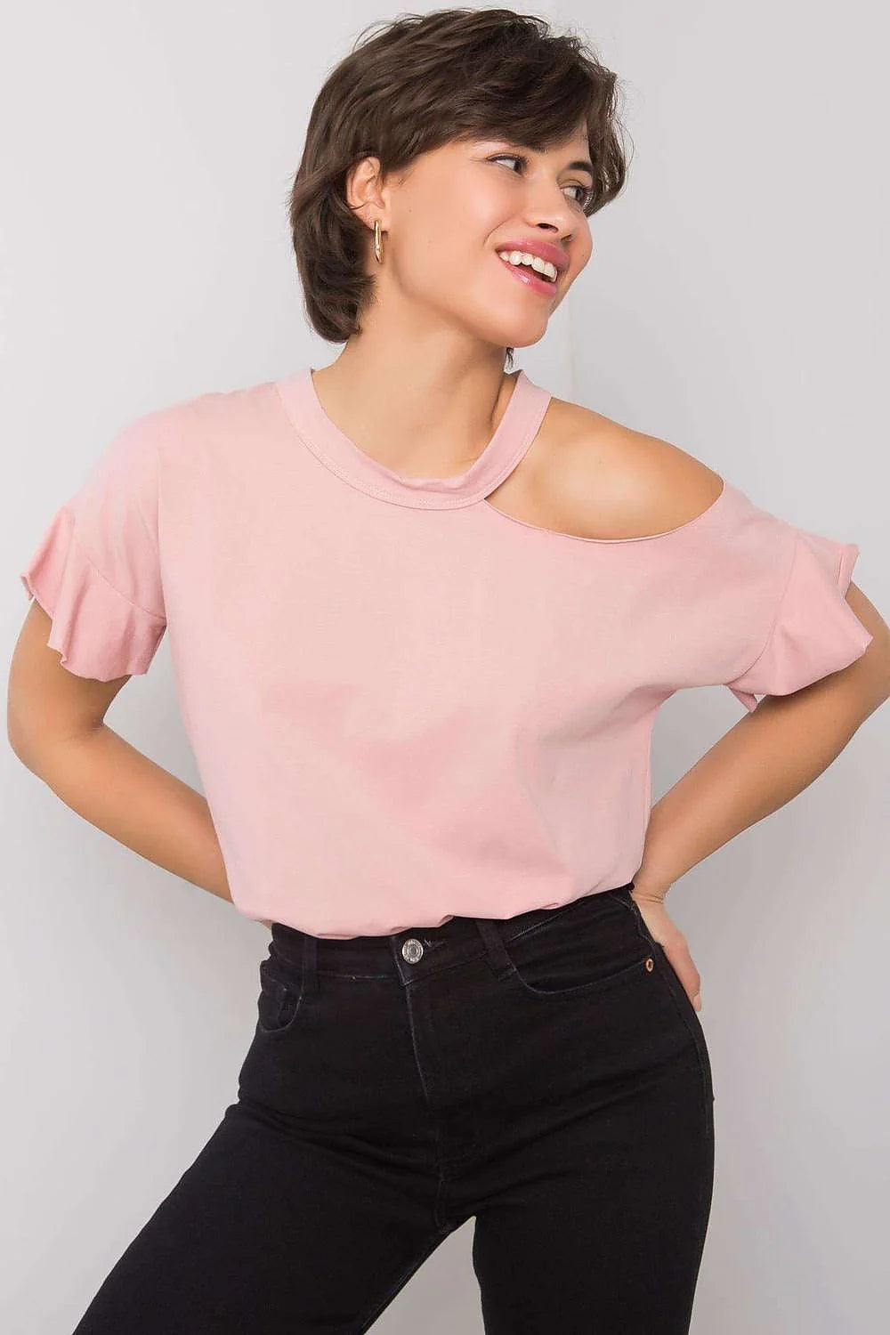Blouse Fancy asymétrique pour femme, style cold shoulder, manches courtes, couleur rose vif, coton stretch, confortable, versatile, occasion多种