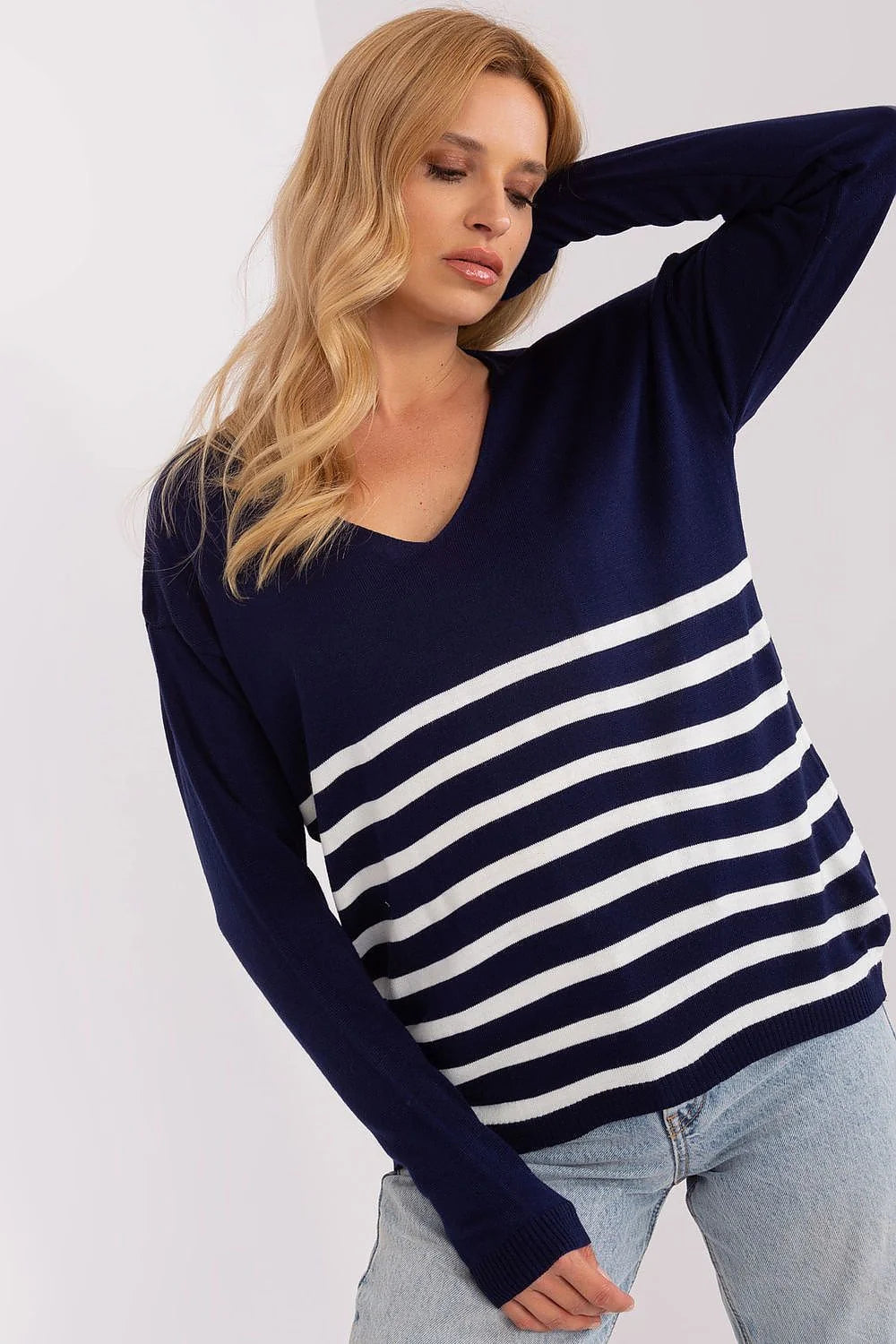 Pull femme rayures marines style nautique en acrylique doux manches longues encolure V bleu marine et blanc