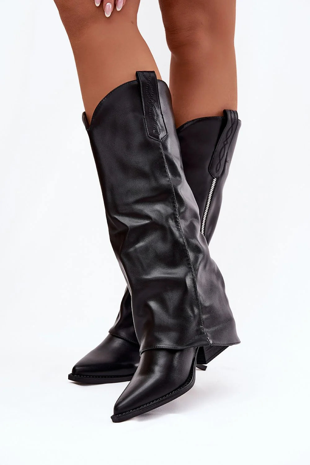 bottes cowboy femme simili cuir tige haute doublure chaude talon biseauté moyen bout pointu fermeture éclair latérale
