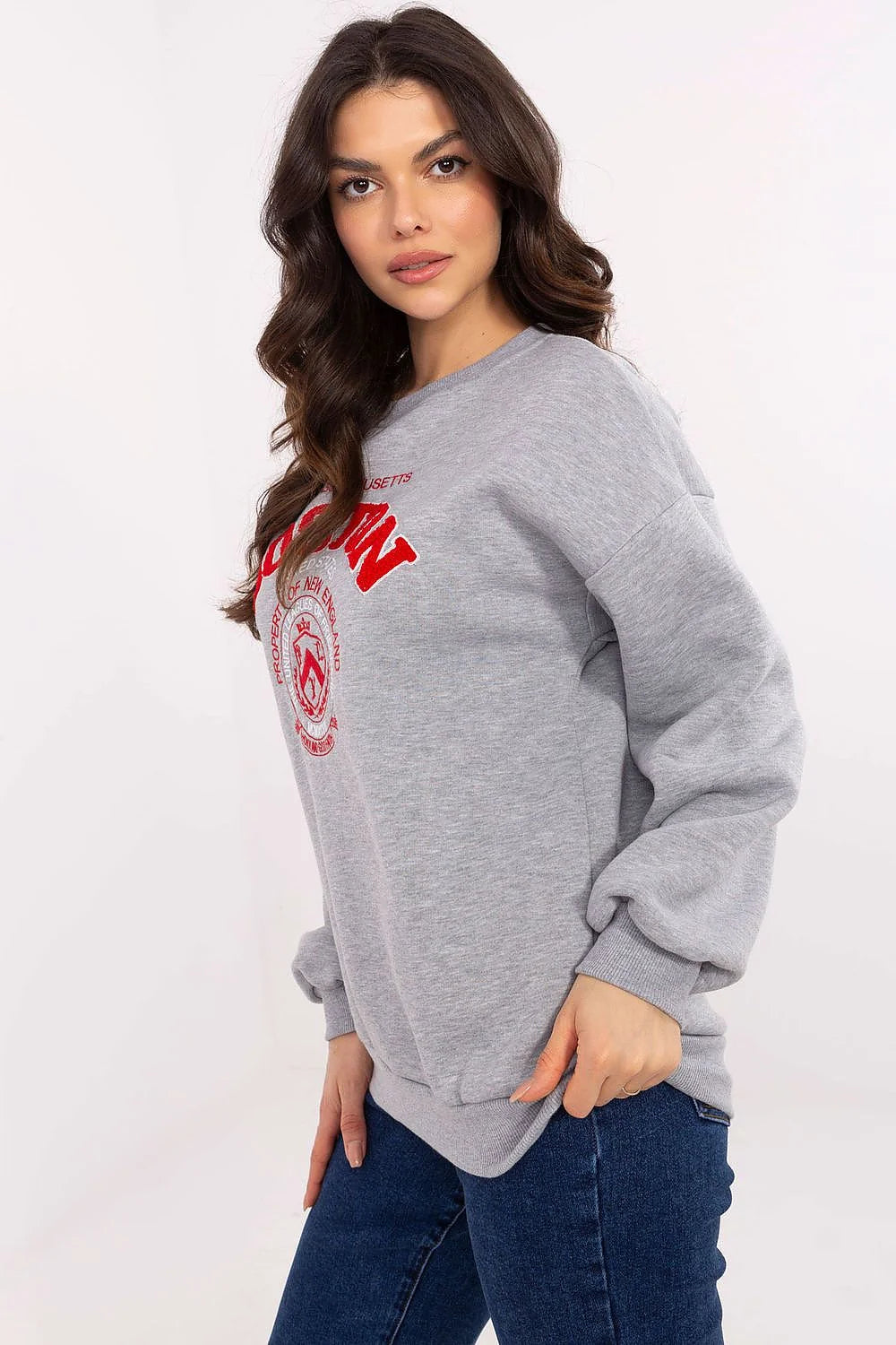 Sweatshirt femme style universitaire manches longues coupe ample couleur grise imprimé BOSTON coton polyester