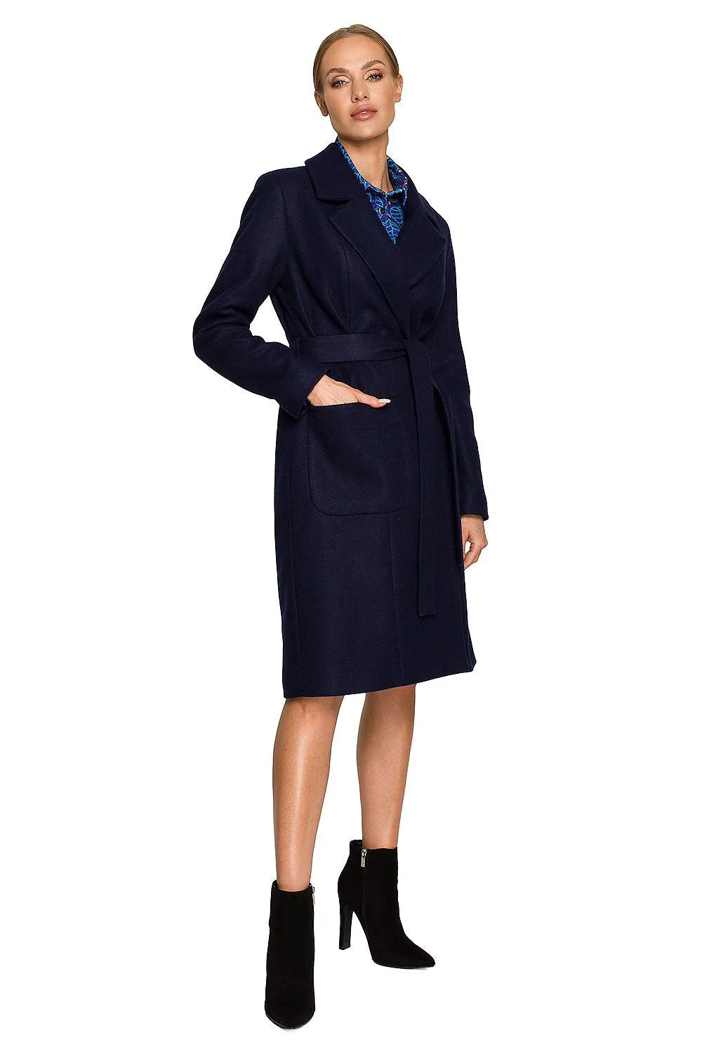 Manteau femme élégant long col revers ceinture poches vert veste hiver mode laine acrylique polyester