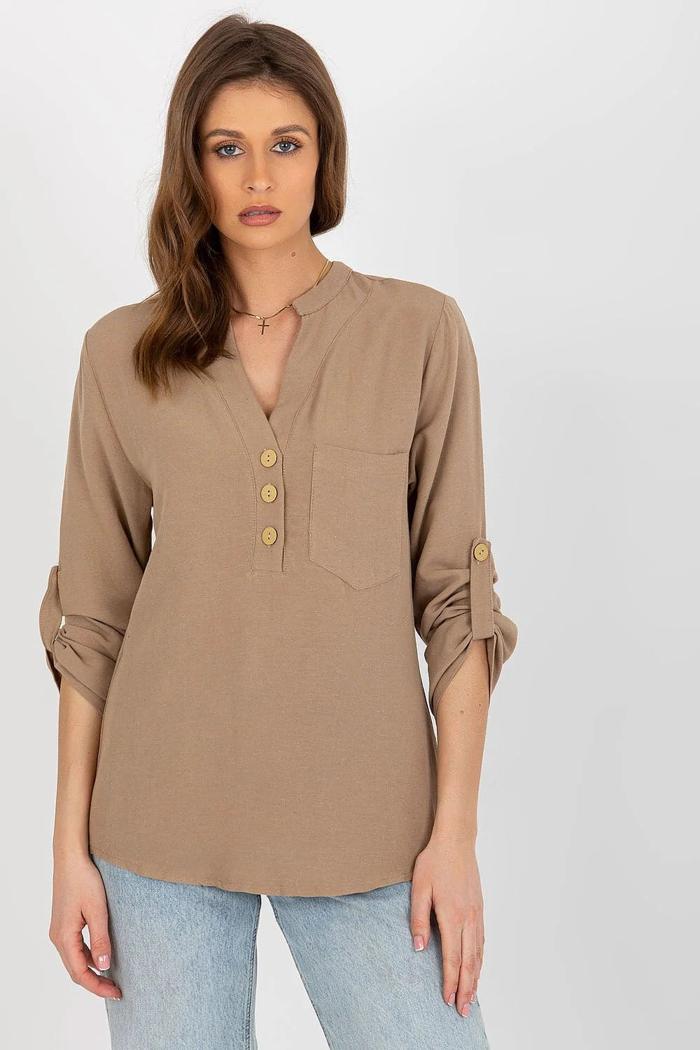 Chemisier Rue Paris à encolure ras du cou manches longues reversables beige coton len viscose femme
