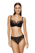 ensemble lingerie noire dentelle échancrée soutiengorge armatures corbeille bonnets moulés bretelles réglables culotte tulle transparent bijou décoratif