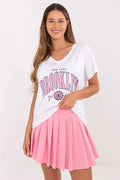 ensemble femme décontracté tshirt coton élasthanne colV imprimé BROOKLYN oversize jersey doux jupe plissée taillehaute rosepastel