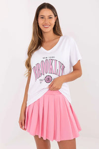 ensemble femme décontracté tshirt coton élasthanne colV imprimé BROOKLYN oversize jersey doux jupe plissée taillehaute rosepastel
