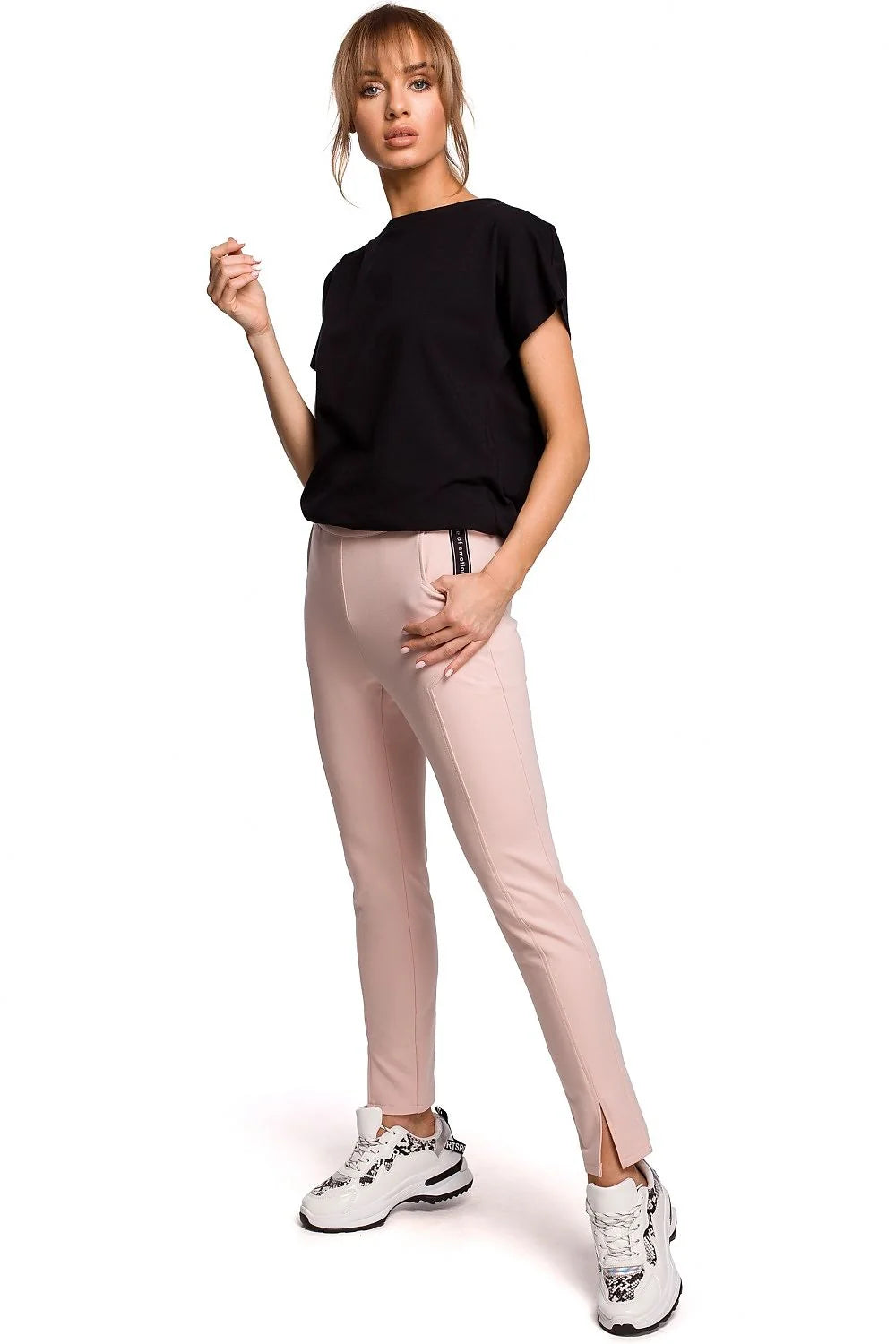 Pantalon long femme coton élasthanne moderne coupe droite fentes avant confort mode urbaine sophistiquée