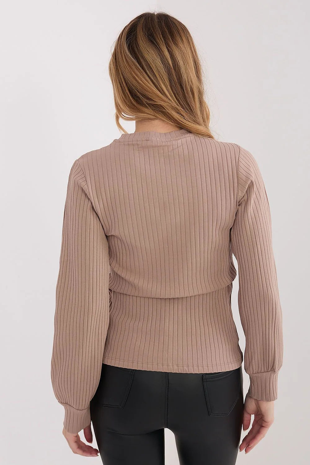 chemisier femme rayures larges broderie poitrine coton élasthanne doux extensible manches longues bouffantes poignets col rond longueur standard taupe chocolat