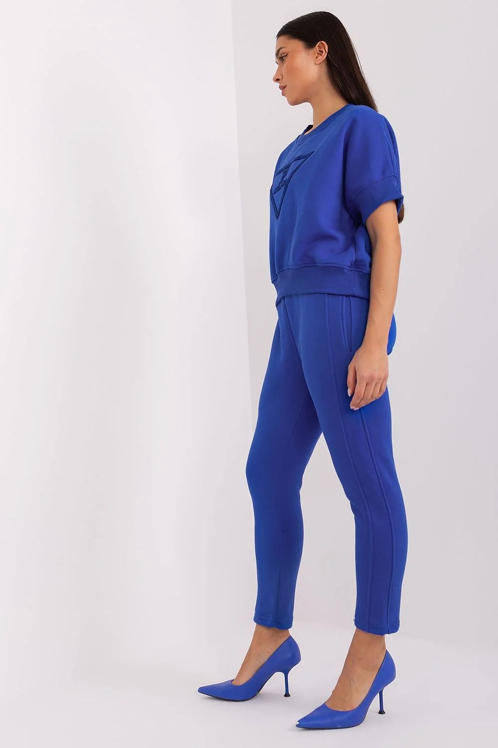 Ensemble femme mode moderne cobalt blue coton polyester ajusté pantalon pullover manches courtes élégant