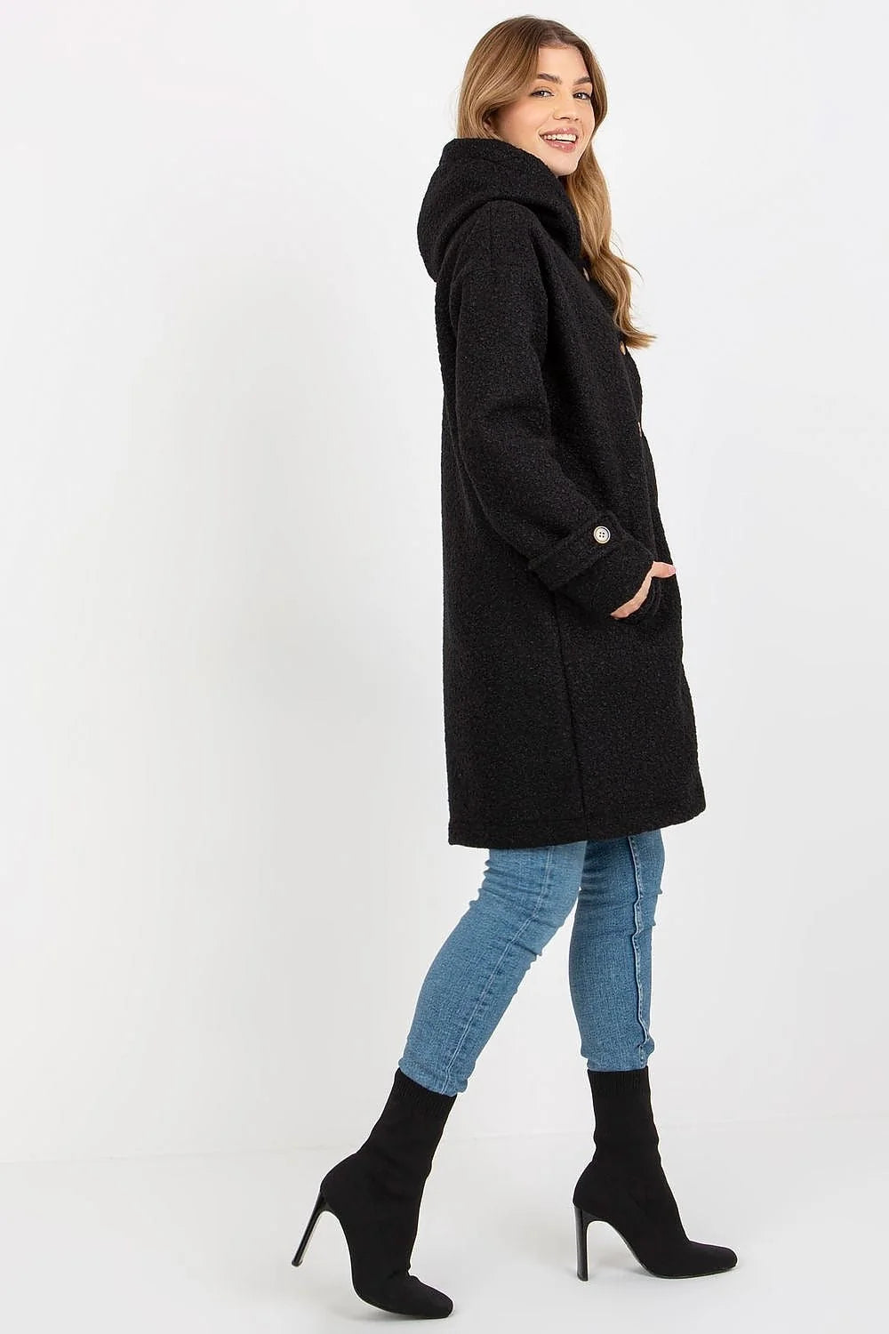 Manteau pour femme en peluche à manches longues capuche poches coulissantes non doublé non isolé couleur noir