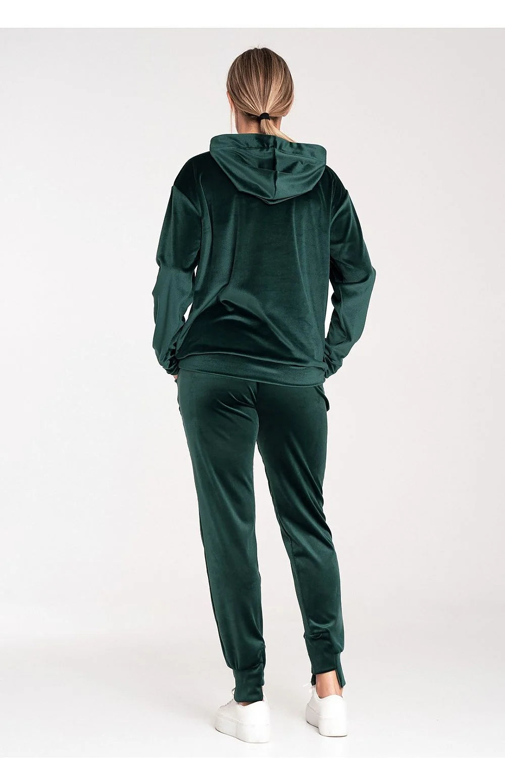 Sweatshirt femme velours vert ample élégant longues manches capuche côtelée