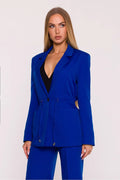 blazer femme tailleur long bleu roi intense oversize ample crêpe texturé col cranté bouton cordon serrage embouts métalliques
