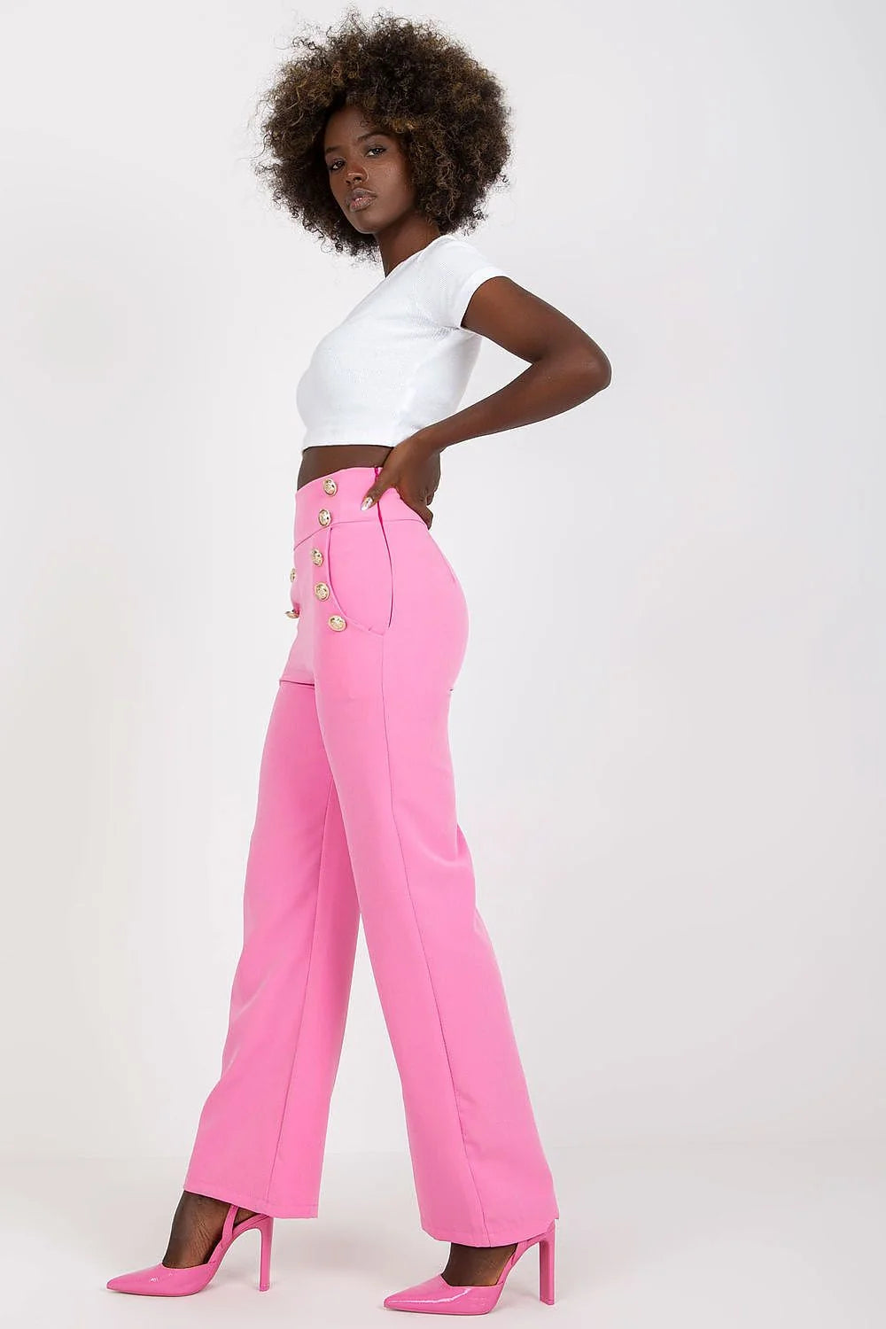 pantalon femme taille haute évasé long beige sable double rangée boutons dorés marin structuré extensible polyester élasthanne cintré sophistiqué