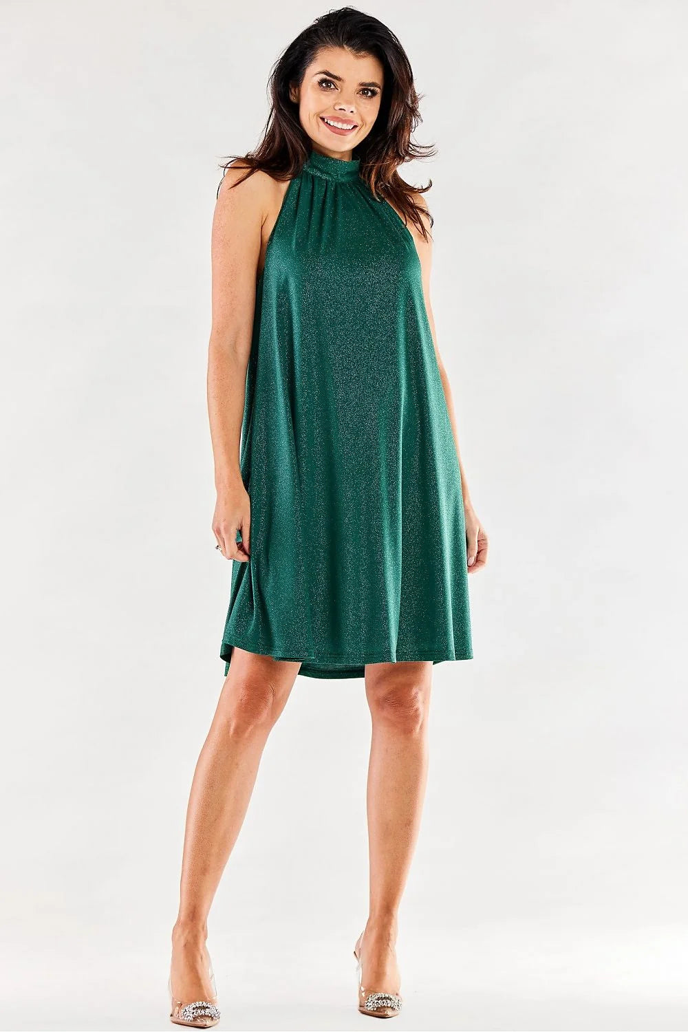 robe soirée courte trapèze fluide fuchsia scintillant col montant plissé halter sans manches plis buste doublure élastique Pologne qualité