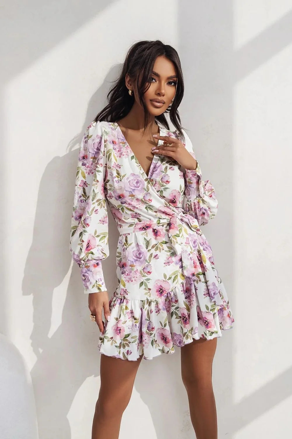 Robe de jour La Balancia imprimé floral asymétrique manches longues décolleté V ceinture ajustable femme