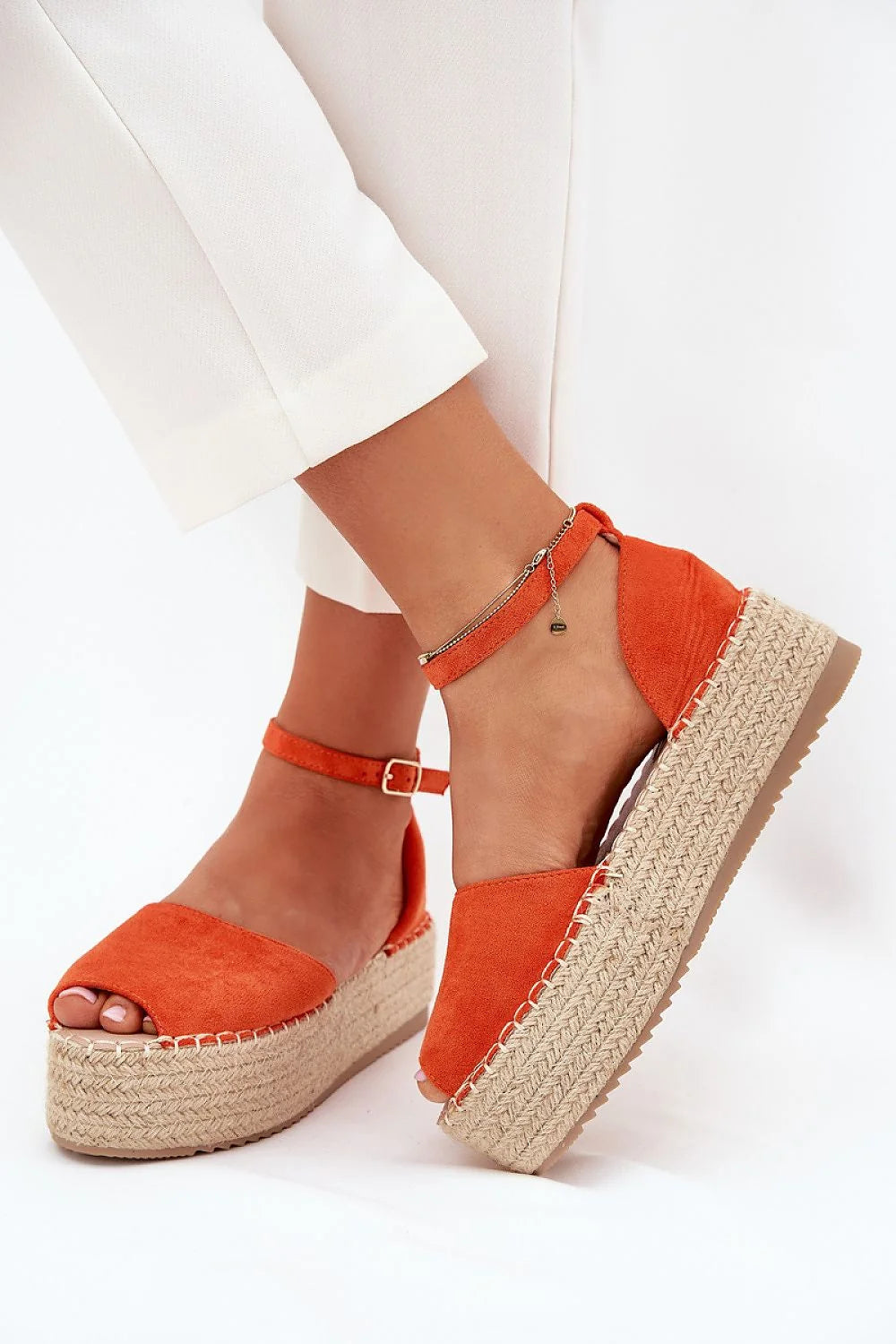 sandales espadrilles femme plateforme suédine orange vif bout ouvert bride cheville réglable boucle métallique semelle tressée jute crantée caoutchouc confort