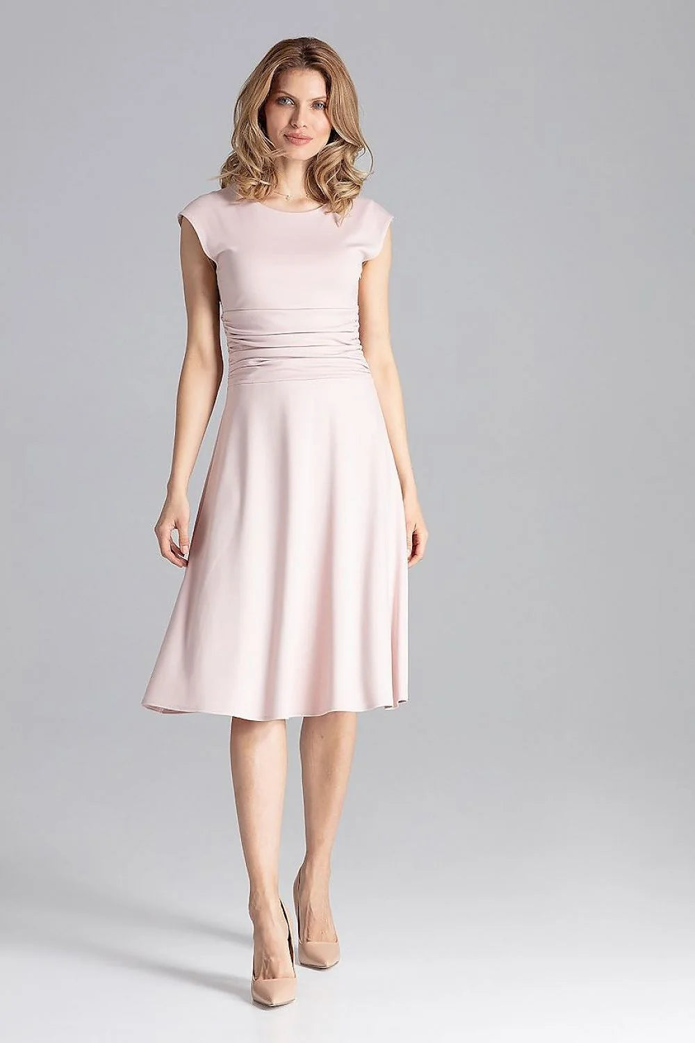 Robe élégante en polyester rose coupe évasée manches courtes pour occasions formelles et bureau