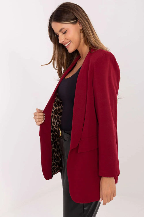 blazer long femme bordeaux col châle ouvert coupe droite structurée épaules manches longues poches rabat doublée