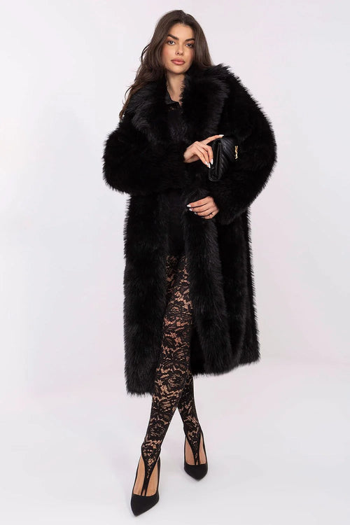 manteau long fausse fourrure noir oversize col châle manches longues mi mollet glamour chaud volumineux enveloppant polyester doublure poches pression