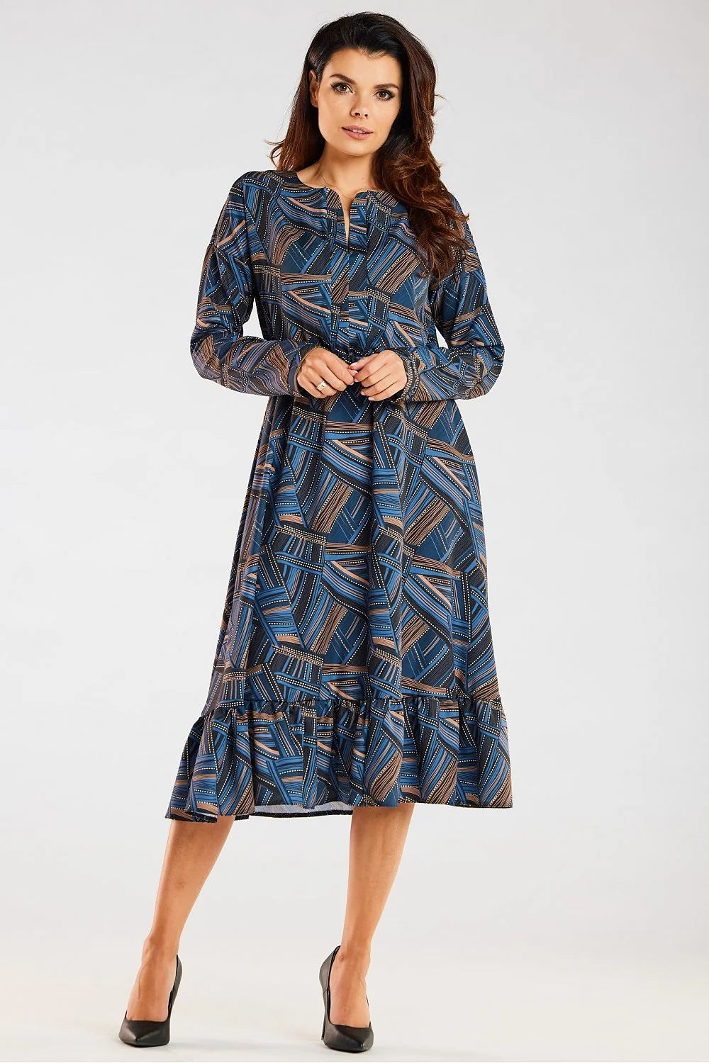 Robe awama femme style décontracté élégant floral automnal couleurs marron beige blanc noir manches longues taille élastiquée