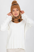 Bonnet et tour de cou hiver motif graphique marron clair pompon assorti accessoires mode casual femme