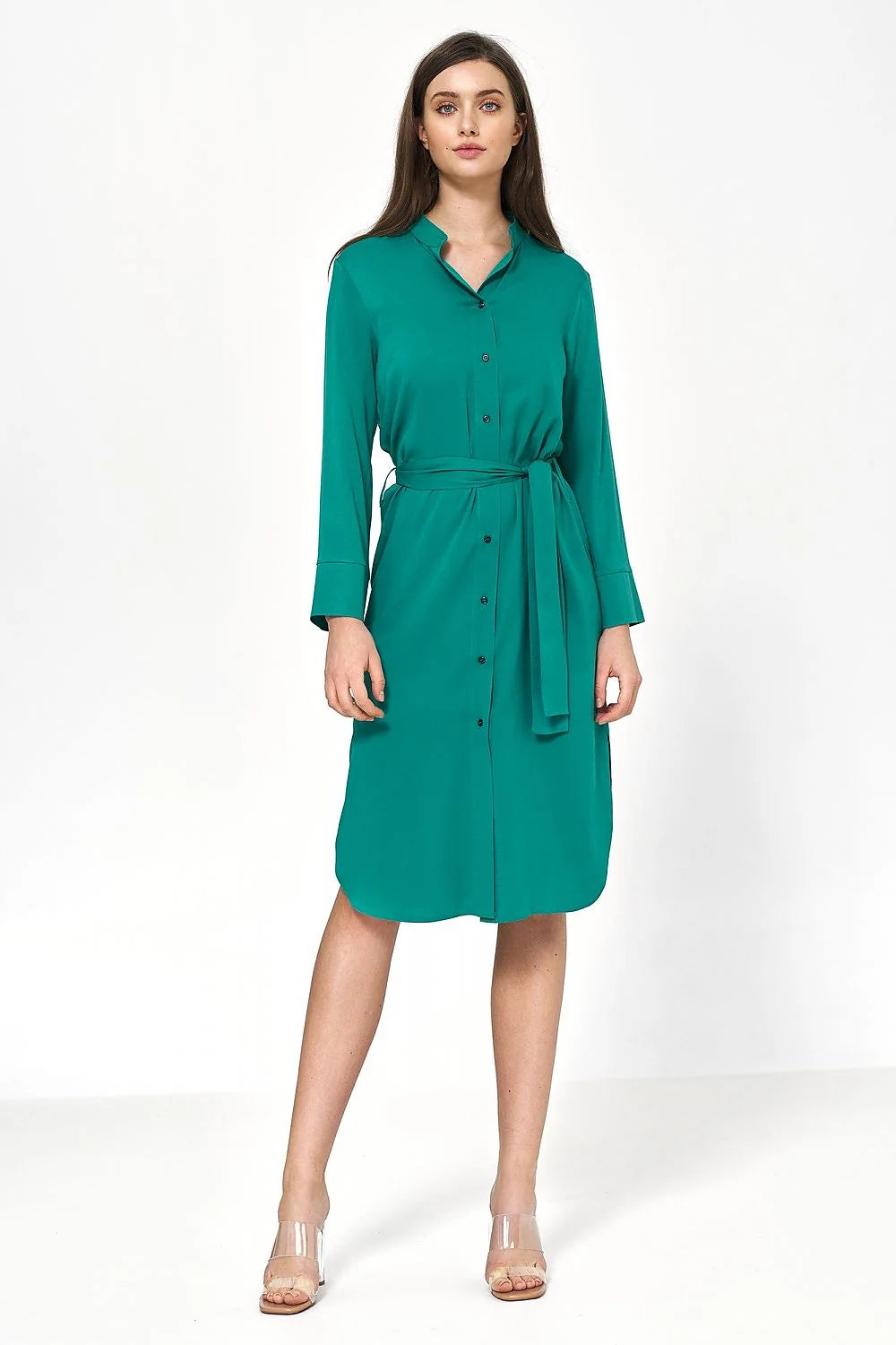 Robe chemise femme longue manches longues verte éclatante coupe droite ceinture intégrée col Mao