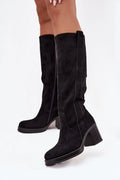 bottes femme suédine synthétique noir tige haute 37cm talon massif colonne bout arrondi fermeture zip doublure douce thermique