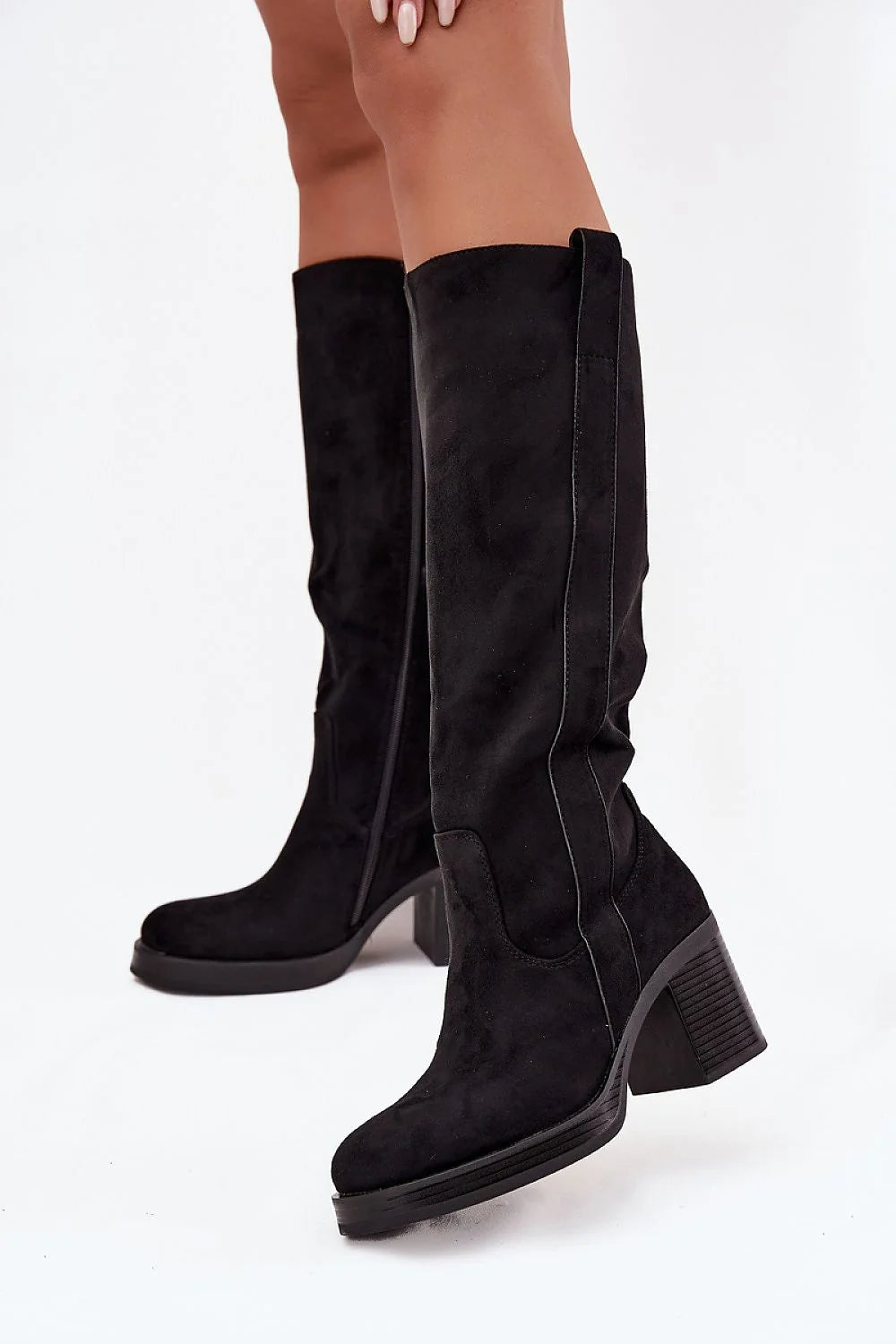 bottes femme suédine synthétique noir tige haute 37cm talon massif colonne bout arrondi fermeture zip doublure douce thermique