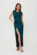 Robe de soirée élégante longue sans manches, ceinture asymétrique, couleur teal, fente sexy, occasion formelle, robe femme mode, taille ajustable