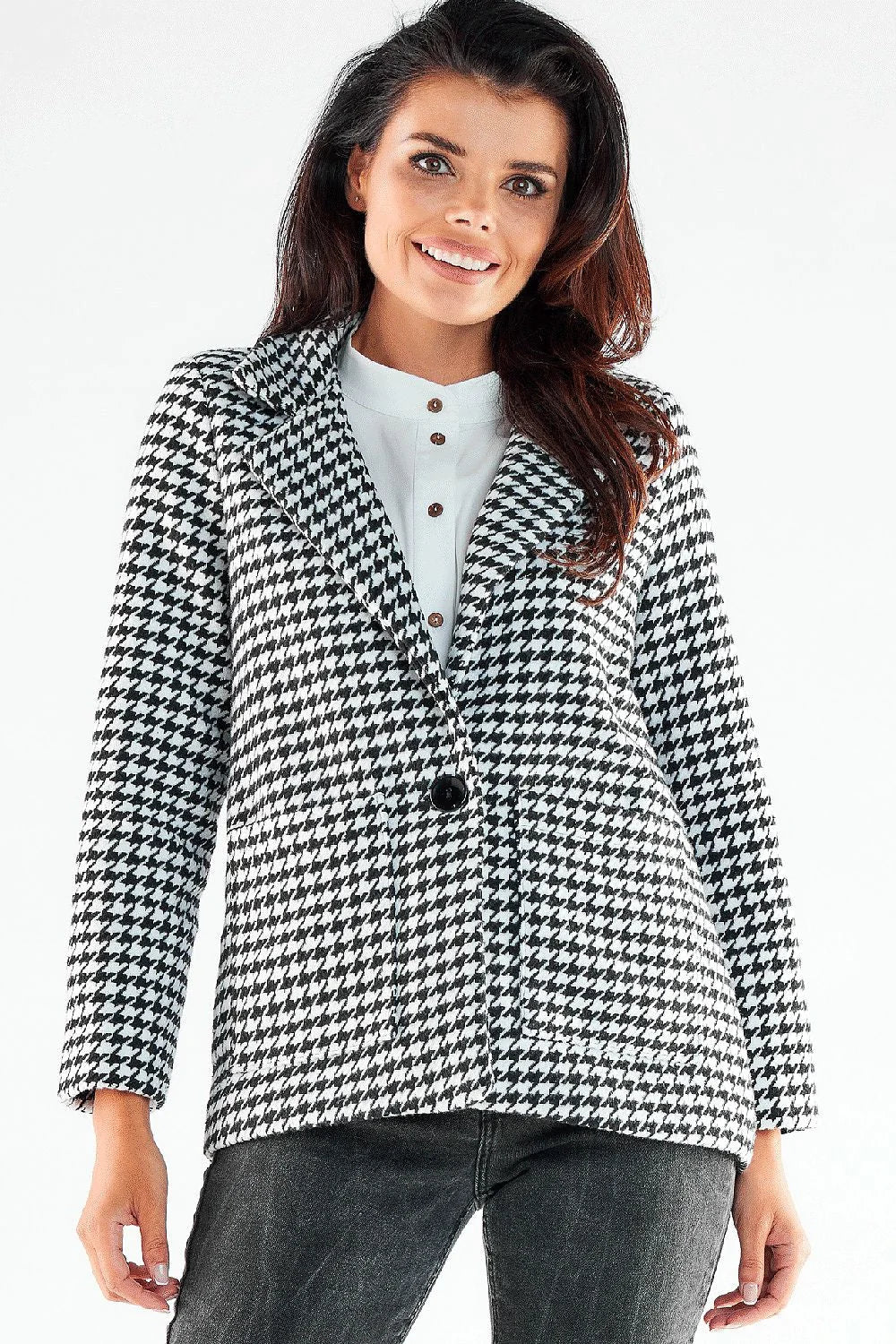 Veste houndstooth classique pour femme en polyester 100% coupe droite bouton central poches carrées doublée Tailles S M L XL