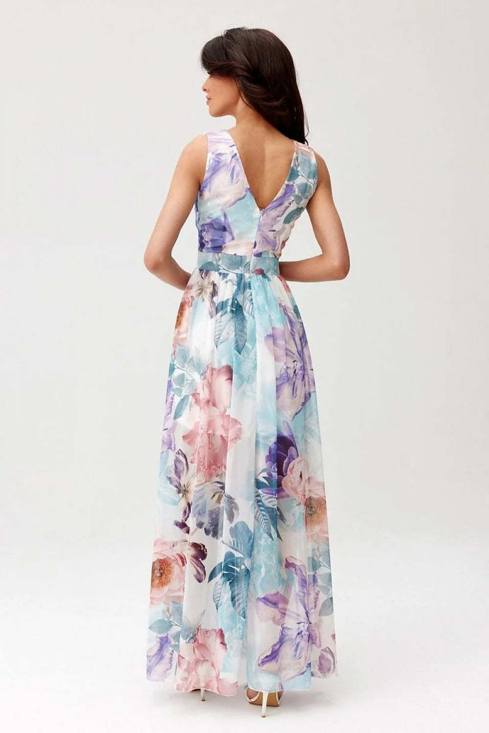 Robe de jour Roco Fashion longue en mousseline floral pastel V-dos large bretelles taille ajustée occasion été élégant femme