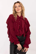 chemisier femme mousseline bordeaux viscose douce confortable fluide romantique chic classique col chemise volants manches bouffantes poignets froncés jabot décoratif